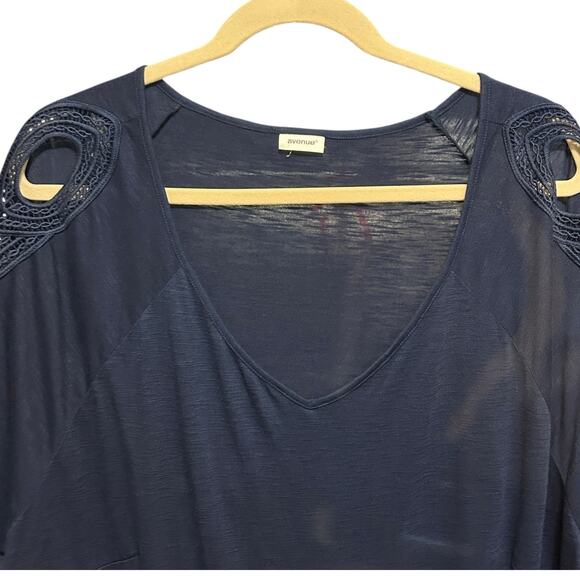 Avenue Women Tunic Top S Navy Cold Shoulder Crochet Sleeve Boho Chic Slouchy - Picture 7 of 9